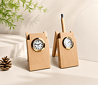 Pinewood clock and pen holder set