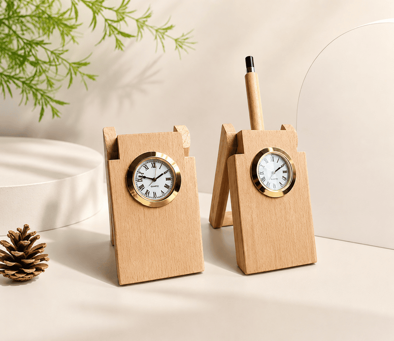 Pinewood clock and pen holder set