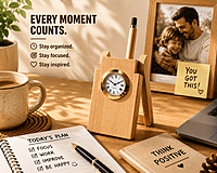 Pinewood clock and pen holder set