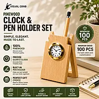Pinewood clock and pen holder set