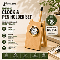 Pinewood clock and pen holder set