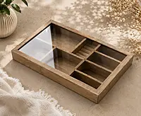 wooden multi compartment glass lid organizer box