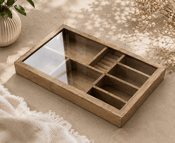 wooden multi compartment glass lid organizer box