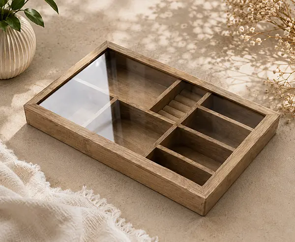 wooden multi compartment glass lid organizer box