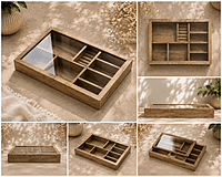 wooden multi compartment glass lid organizer box
