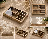 wooden multi compartment glass lid organizer box
