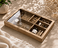 wooden multi compartment glass lid organizer box