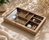 wooden multi compartment glass lid organizer box