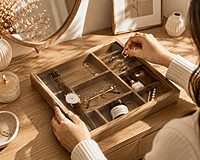 wooden multi compartment glass lid organizer box