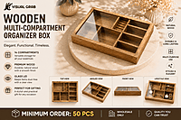 wooden multi compartment glass lid organizer box