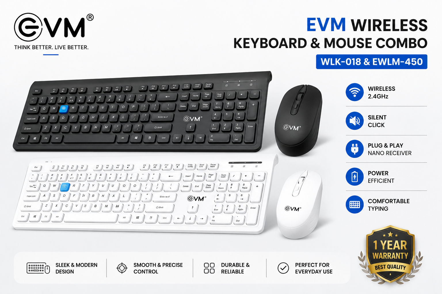 EVM WIRELESS KEYBOARD & MOUSE COMBO WLK-018 & EWLM-450 WHITE EVM WIRELESS KEYBOARD & MOUSE COMBO WLK-018 & EWLM-450 WHITE