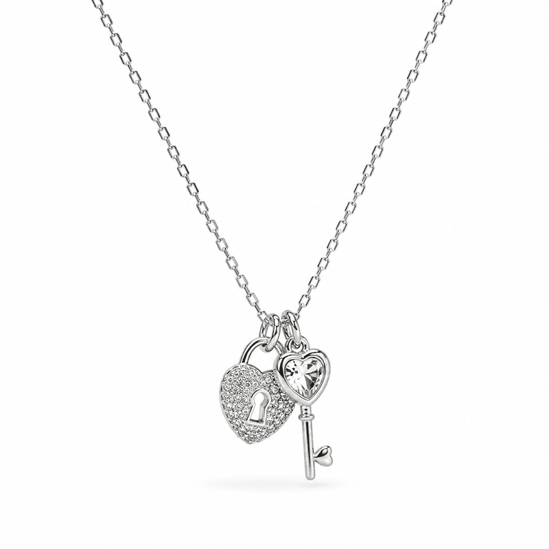 92.50 silver Heart Dimond Lock & Key Pendent with Chain - 18