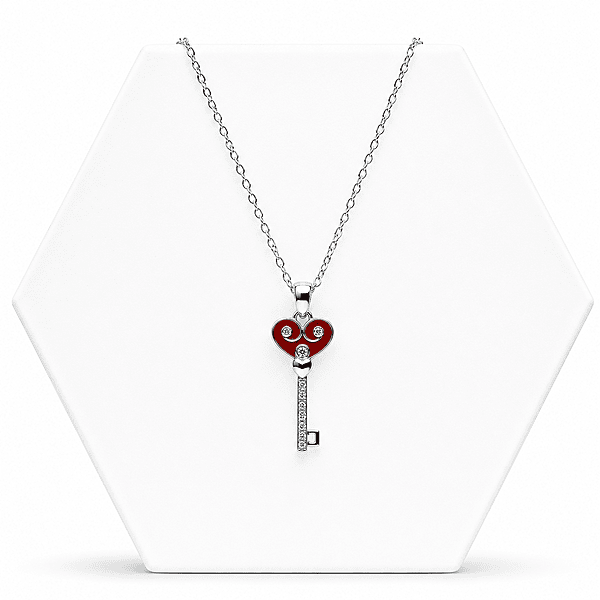 92.50 silver red heart Key Pendent with chain - 18