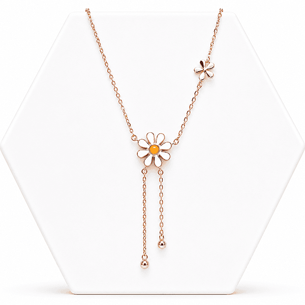 92.50 rose gold flower pendent with two hanging balls chain - 18