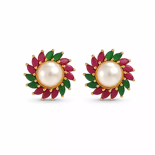 Traditional Pearl Floral Stud Earrings for Women | Gold Plated Ruby Green Stone Earrings
