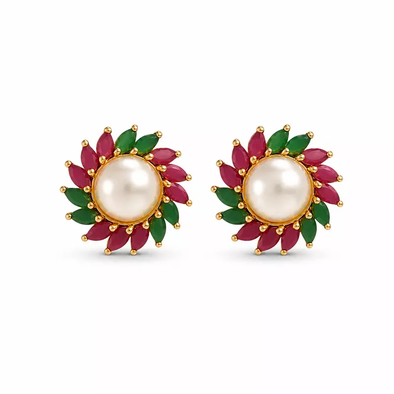 Traditional Pearl Floral Stud Earrings for Women | Gold Plated Ruby Green Stone Earrings