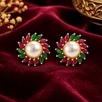 Traditional Pearl Floral Stud Earrings for Women | Gold Plated Ruby Green Stone Earrings