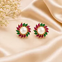 Traditional Pearl Floral Stud Earrings for Women | Gold Plated Ruby Green Stone Earrings