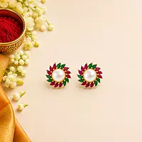 Traditional Pearl Floral Stud Earrings for Women | Gold Plated Ruby Green Stone Earrings