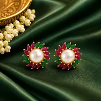 Traditional Pearl Floral Stud Earrings for Women | Gold Plated Ruby Green Stone Earrings