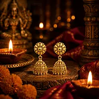 Traditional Gold Plated Floral Jhumka Earrings for Women | Ethnic Temple Style Drop Earrings