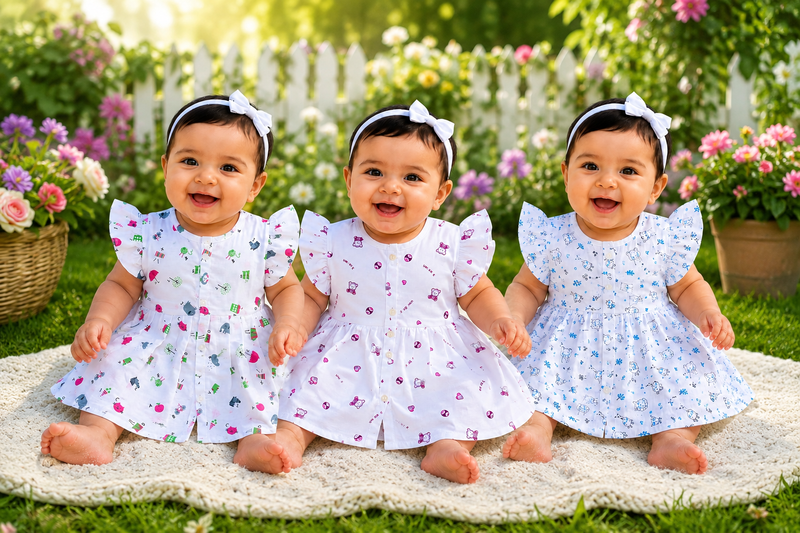 Muslin Button Frill Frocks combo -6-12 Months