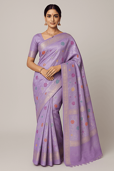 Lavender Banarasi Silk Saree with Multicolor Floral Weaving
