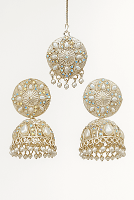Antique White Pearl Dome Jhumka Earrings with Maang Tikka Set