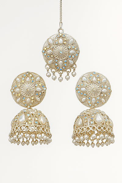 Antique White Pearl Dome Jhumka Earrings with Maang Tikka Set