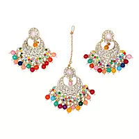 Multicolor Kundan Beaded Chandbali Earrings & Maang Tikka Set