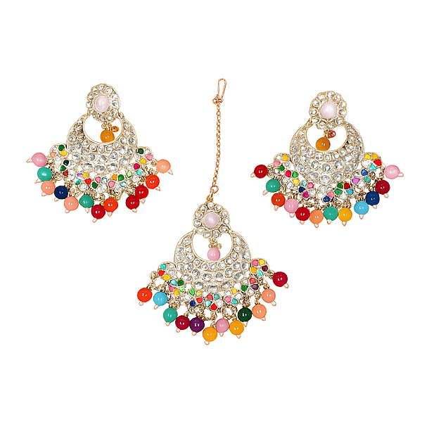 Multicolor Kundan Beaded Chandbali Earrings & Maang Tikka Set