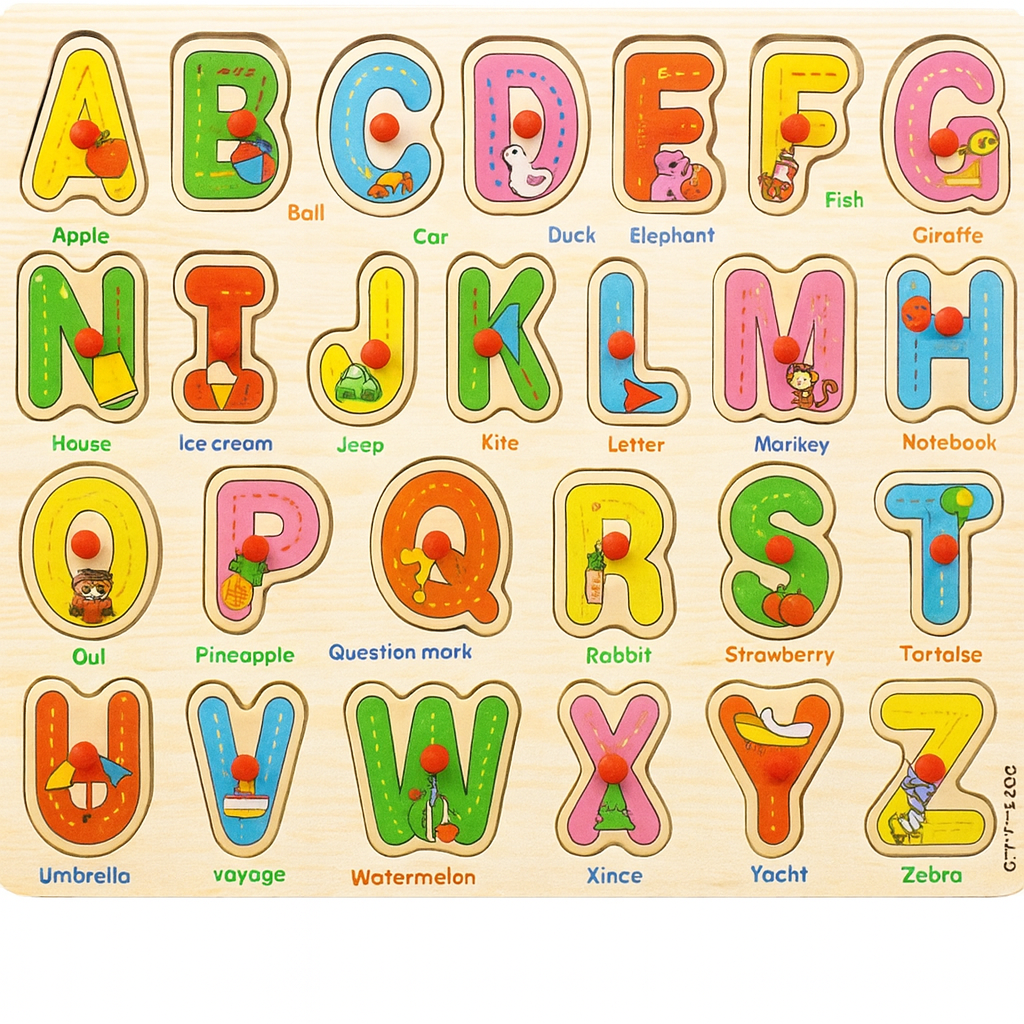 ABCD Knob Puzzle Board – durable, eco-friendly wooden toy for learning alphabets