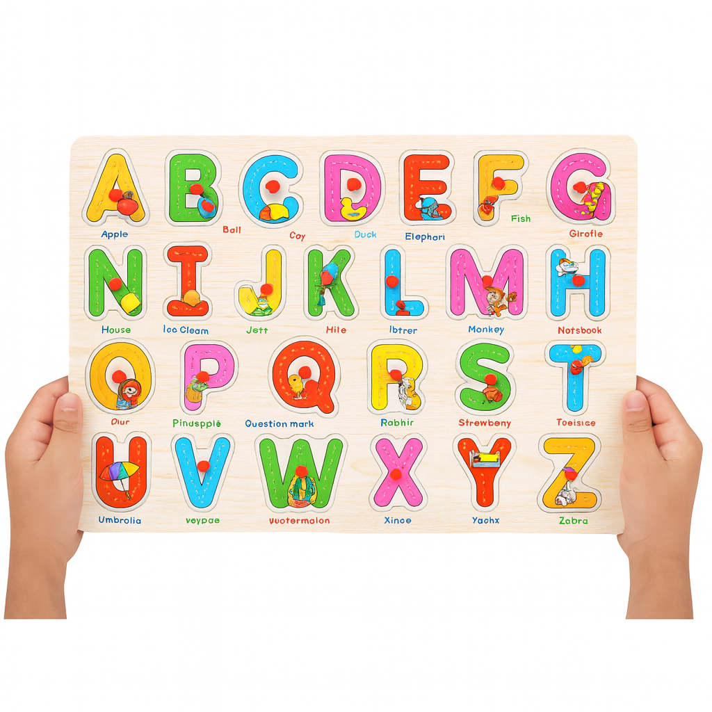 ABCD Knob Puzzle Board – durable, eco-friendly wooden toy for learning alphabets