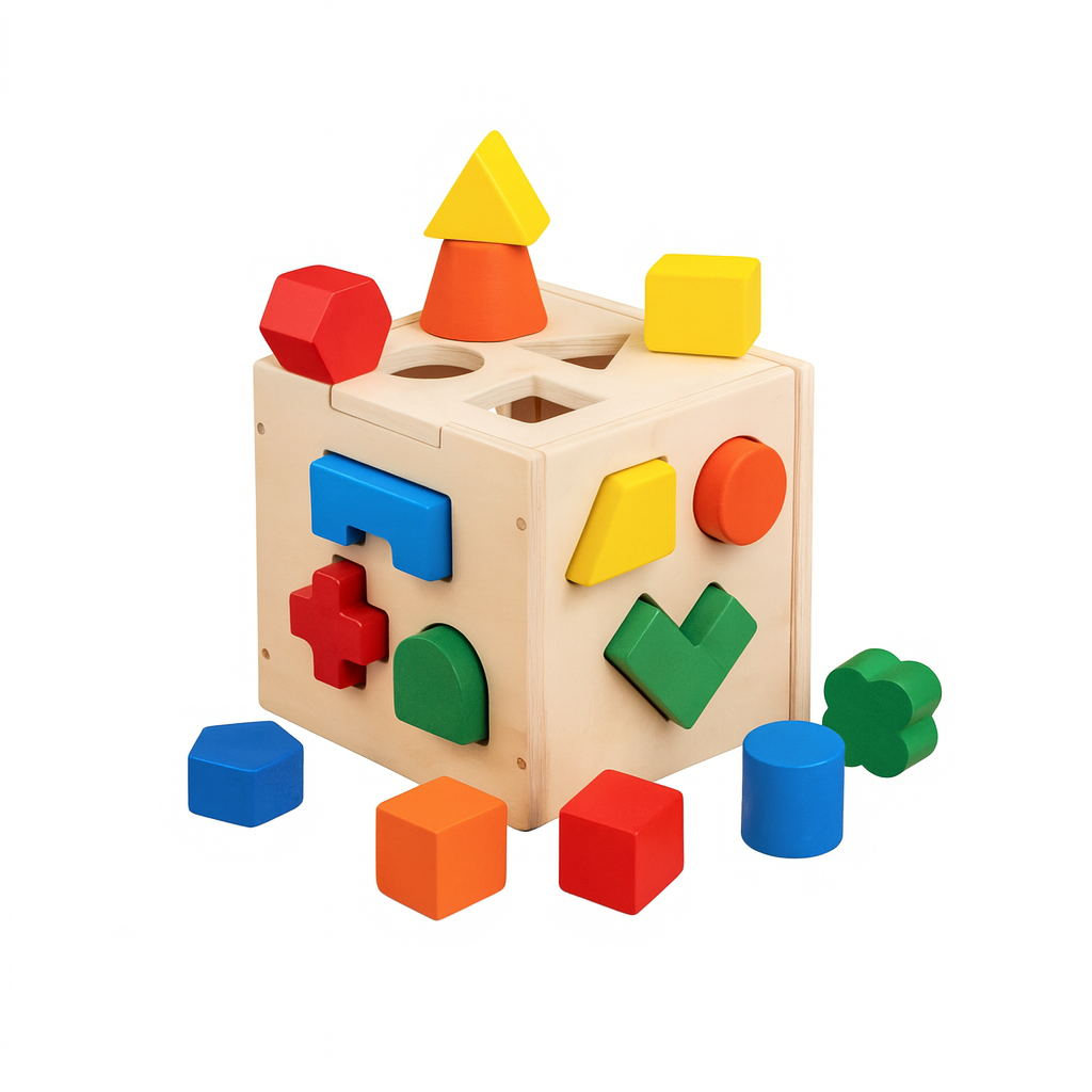 Wooden Shape Sorting Cube – eco-friendly wooden shape sorter for learning colors, shapes, and stacking