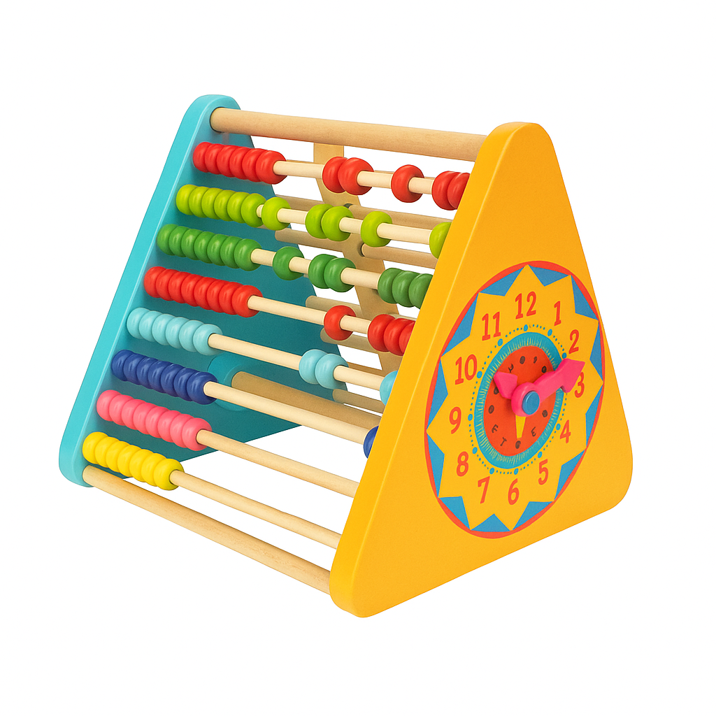 Wooden Learning Triangle Activity Board – 5-in-1 Abacus, Alphabet, Clock & Shape Learning Toy for Kids