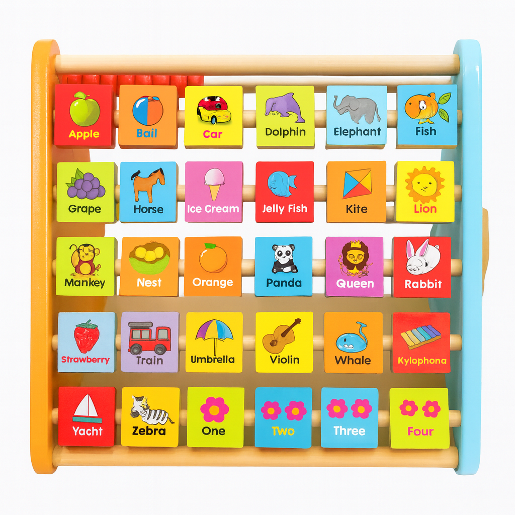 Wooden Learning Triangle Activity Board – 5-in-1 Abacus, Alphabet, Clock & Shape Learning Toy for Kids