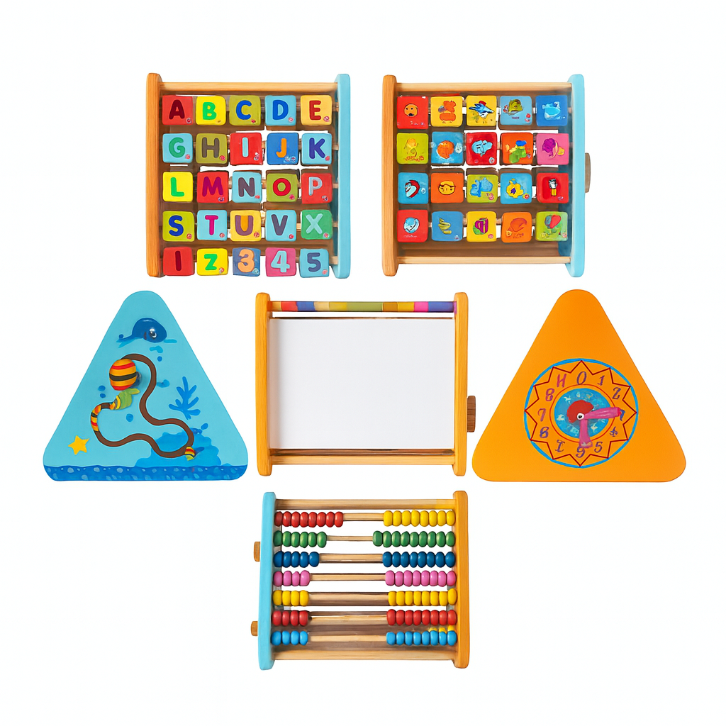 Wooden Learning Triangle Activity Board – 5-in-1 Abacus, Alphabet, Clock & Shape Learning Toy for Kids