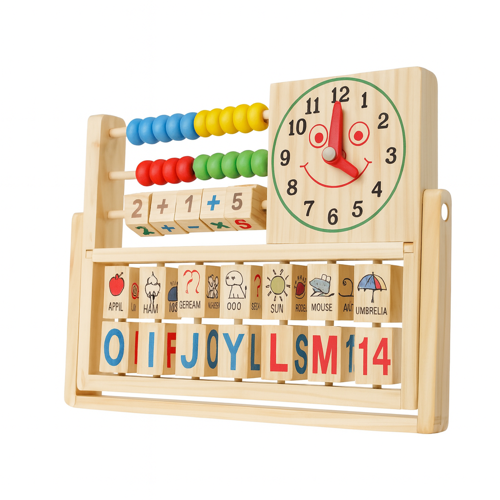 Wooden Educational Learning Board for Kids – Abacus, Clock & Alphabet Blocks | Montessori Early Learning Toy