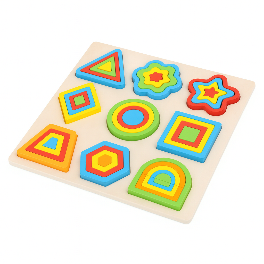 Wooden Geometric Shape Puzzle Board – Colorful Montessori Stacking & Sorting Toy for Kids