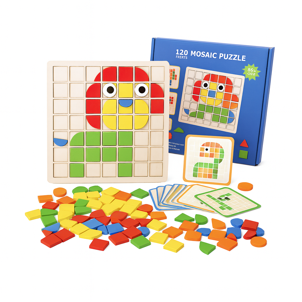 Wooden Mosaic Puzzle Board Toy – 120 Pieces Colorful Pattern Blocks with Activity Cards for Kids