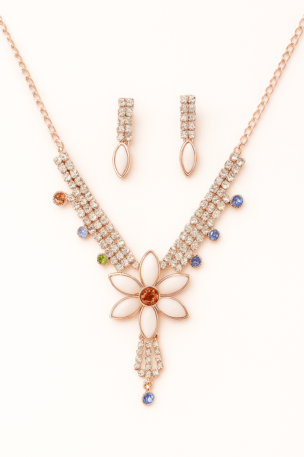 Elegant Floral Crystal Necklace and Earring Set