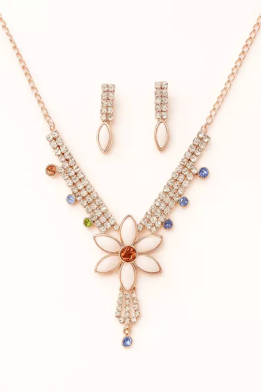 Elegant Floral Crystal Necklace and Earring Set