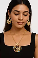 Golden Kundan Necklace, Earring and Mang tikka Set with Multicolor Beads