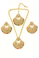 Golden Kundan Necklace, Earring and Mang tikka Set with Multicolor Beads