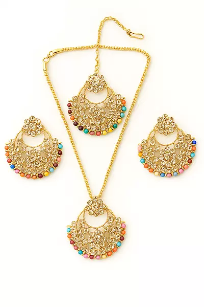 Golden Kundan Necklace, Earring and Mang tikka Set with Multicolor Beads