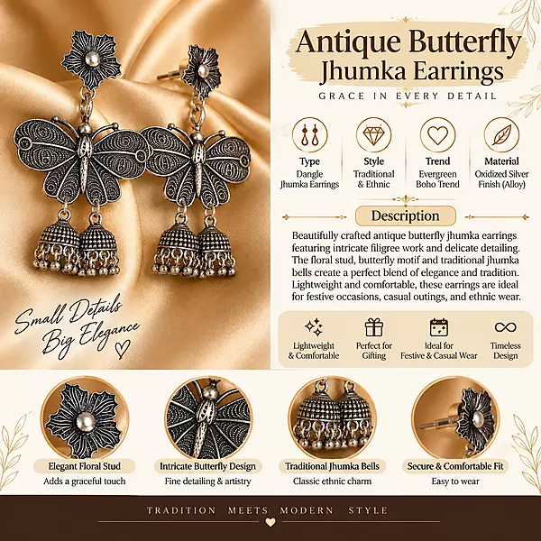 Butterfly Bloom Oxidized Jhumka Earrings