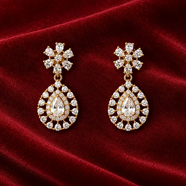 Elegant White Stone Floral Drop Earrings with Teardrop Design for Women