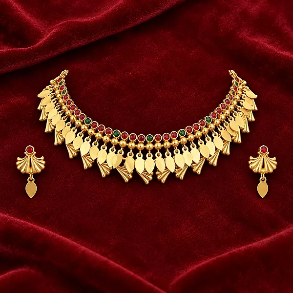 1010-Red & Green Stone Choker Necklace Set