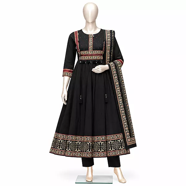 Anarkali Kurta Set with Printed Dupatta, Black