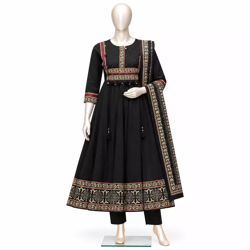 Anarkali Kurta Set with Printed Dupatta, Black